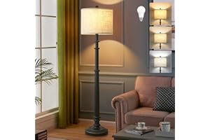 EJIAXIN Floor Lamps for Living Room - 60" Plastic Vintage Farmhouse Floor Lamp 3-Color Temperature Standing Lamps with Linen Shade Rustic Retro Tall Light for Bedroom Office (Black)