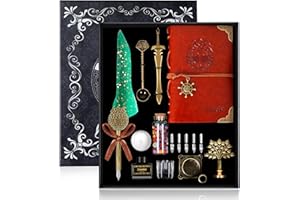 TIANREN Quill Pen and Ink Set,Feather Dip Pen,Antique Calligraphy Pen with 5 Replaceable Nibs,Wax Seal Stamp kit,Wax Beads & Leather Writing Notebook Christmas gift for Men&Women(Green)