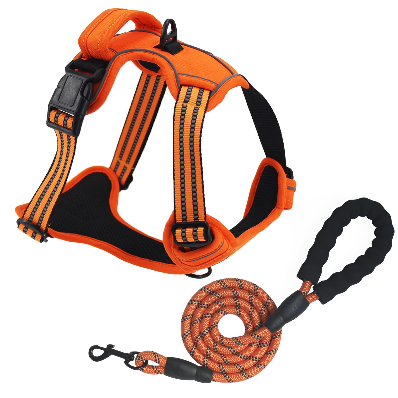 No Pull Dog Harness for Small Medium Large Dogs Adjustable Reflective Pet Vest with Front clip Handle Padded dog harness and lead set best for outdoor Training and walking Orange M