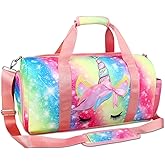 Gym Travel Duffle Bag for Girls - Gymnastics Sports Dance Bag with Shoe Compartment & Wet Pocket Unicorn Kids Travel Bag Teens Weekender Sleepover Carry