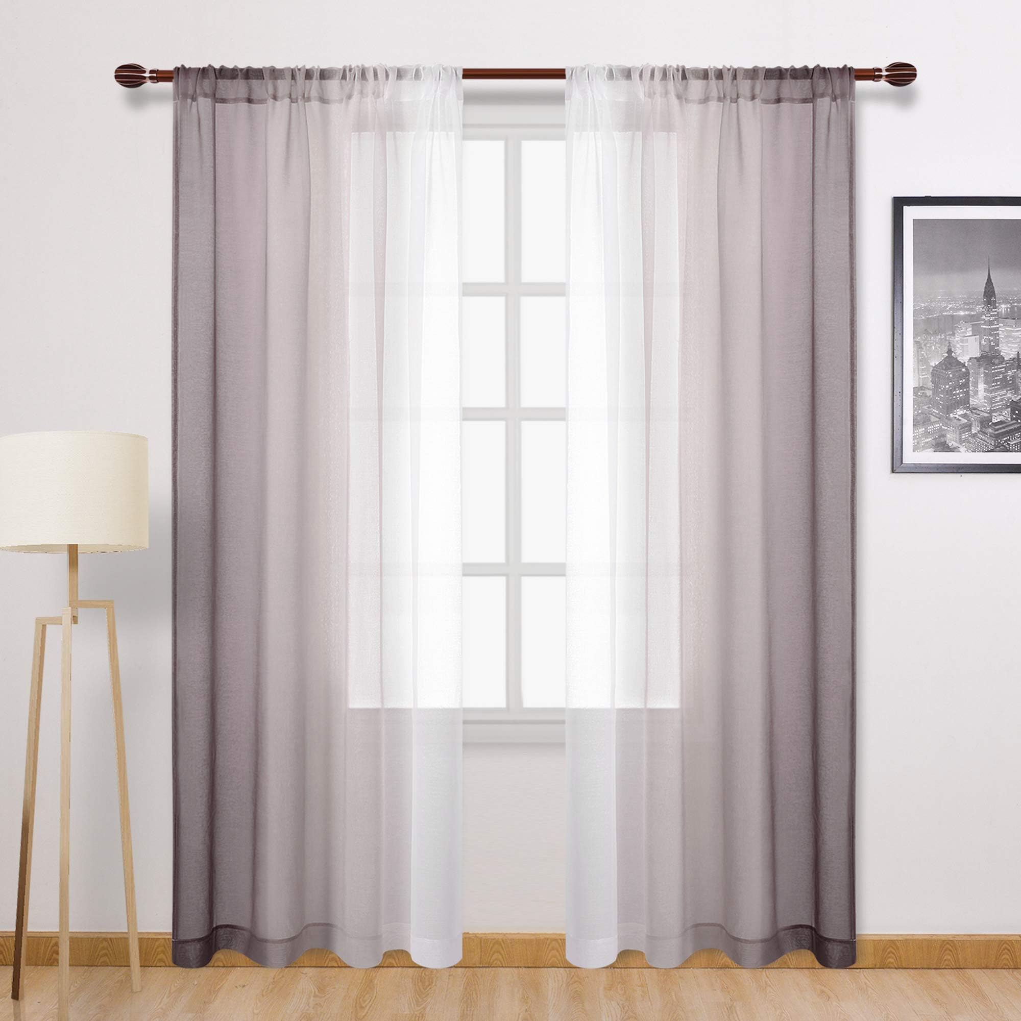 DWCN Ombre Faux Linen Sheer Curtains - Gradient Semi Voile Rod Pocket Curtains for Bedroom and Living Room, Set of 2 Window Curtain Panels, 52 x 84 Inches Long, Light Brown