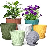 Meowell 7/6.5/6/5.5/5/4.5/4 inch Plant Pots for Indoor Outdoor Plants, 7 Pack Thick Flower Pots with Drainage Holes and Saucers, Modern Wave Texture Small Plastic Planters Nursery Pots, Multicolor