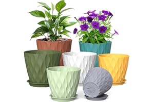 Meowell 7/6.5/6/5.5/5/4.5/4 inch Plant Pots for Indoor Outdoor Plants, 7 Pack Thick Flower Pots with Drainage Holes and Saucers, Modern Wave Texture Small Plastic Planters Nursery Pots, Multicolor