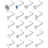 Tornito 20G 20Pcs CZ Nose Ring Stud Retainer L Bone Screw Shaped Piercing Jewelry Set For Women Men Stainless Steel Silver Tone