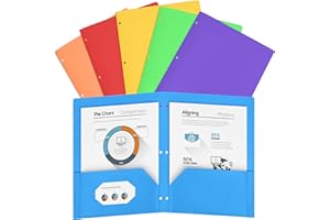 Cesil 6 Pack Folders with Pockets 3 Hole Punched, Plastic Pockets Folders for 3 Ring Binder with Labels, Heavy Duty Binder Fo