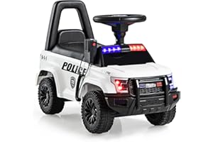 OLAKIDS Ride On Push Police Car, Toddler Foot-to-Floor Sliding Toy with Siren, Steering Wheel, Megaphone, Horn, Headlights, Under Seat Storage, Kids Racer Walking Gift for Boys Girls 1-3 (White)
