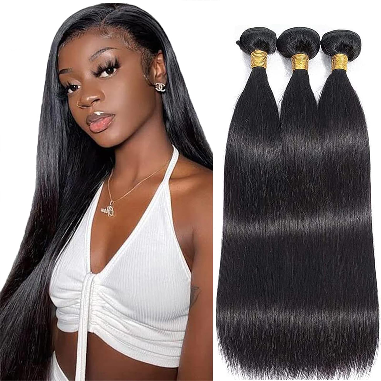 Brazilian Hair Bundles 28 28 28 Inch Brazilian Straight Human Hair Bundles 50g/piece (150g Total) 100% Unprocessed Weave Bundles Human Hair Natural Black Color โ image 1