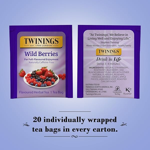 TWININGS WILD BERRIES TEA – A NATURALLY CAFFEINE-FREE HERBAL TEA BURSTING WITH FRESH & UPLIFTING BERRY TEA FLAVOURS, INDIVIDUALLY WRAPPED TEA BAGS, 20 COUNT