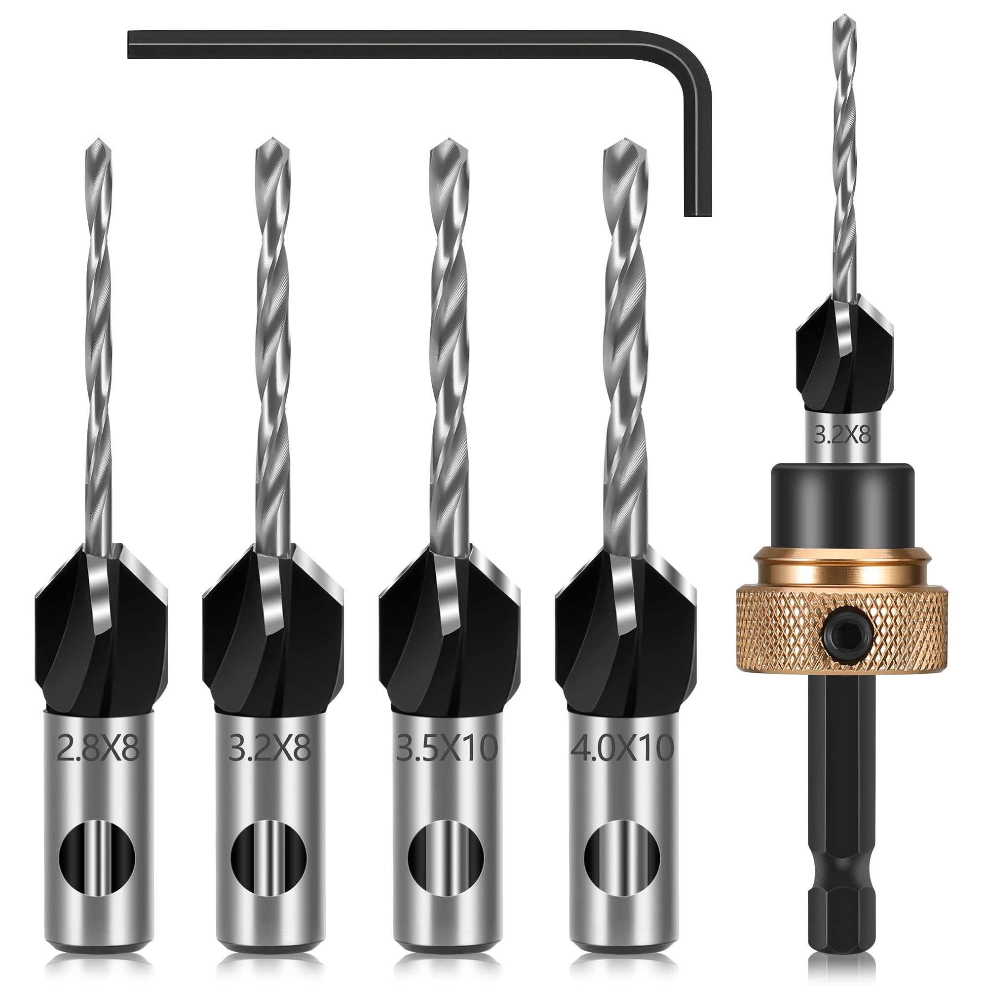 JIZZU Countersink Drill Bit Set, 4PCS Counter Sink Drill Bits for Wood, Depth Adjustable Countersink Drills Bits with Hex Shank, 4 Different Sizes, Precise Drills for Woodworking