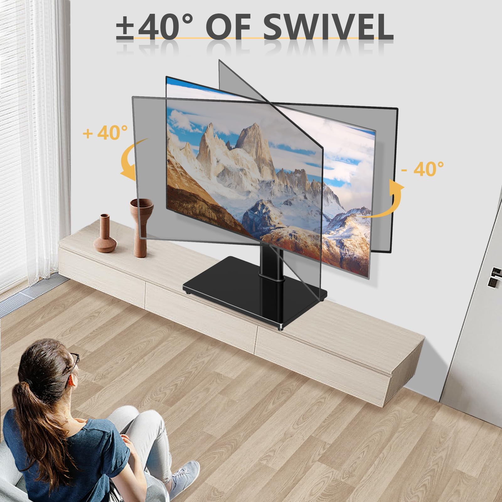 TVON Universal TV Stand Base, Swivel Table Top TV Stand for 20-43 inch TVs/Monitors with 4 Level Height Adjustment and Tempered Glass Base, Holds up to 88 Lbs, VESA 200x200mm