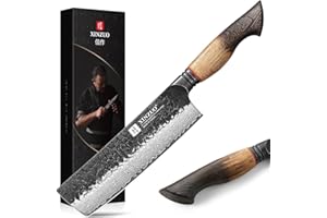 XINZUO 7 Inch Damascus Kitchen Nakiri Knife,Black Forged 10Cr15Comov Cleaver Meat Square Knife with White Oak + Red G10 Gaske