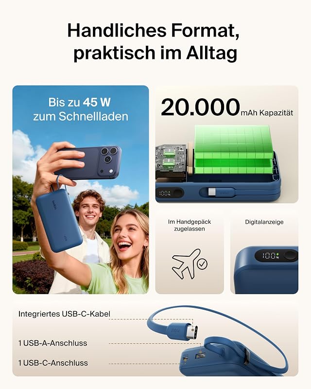 UltraCharge 20000mAh Power Bank, USB-C-Kabel und Anzeige – Blau