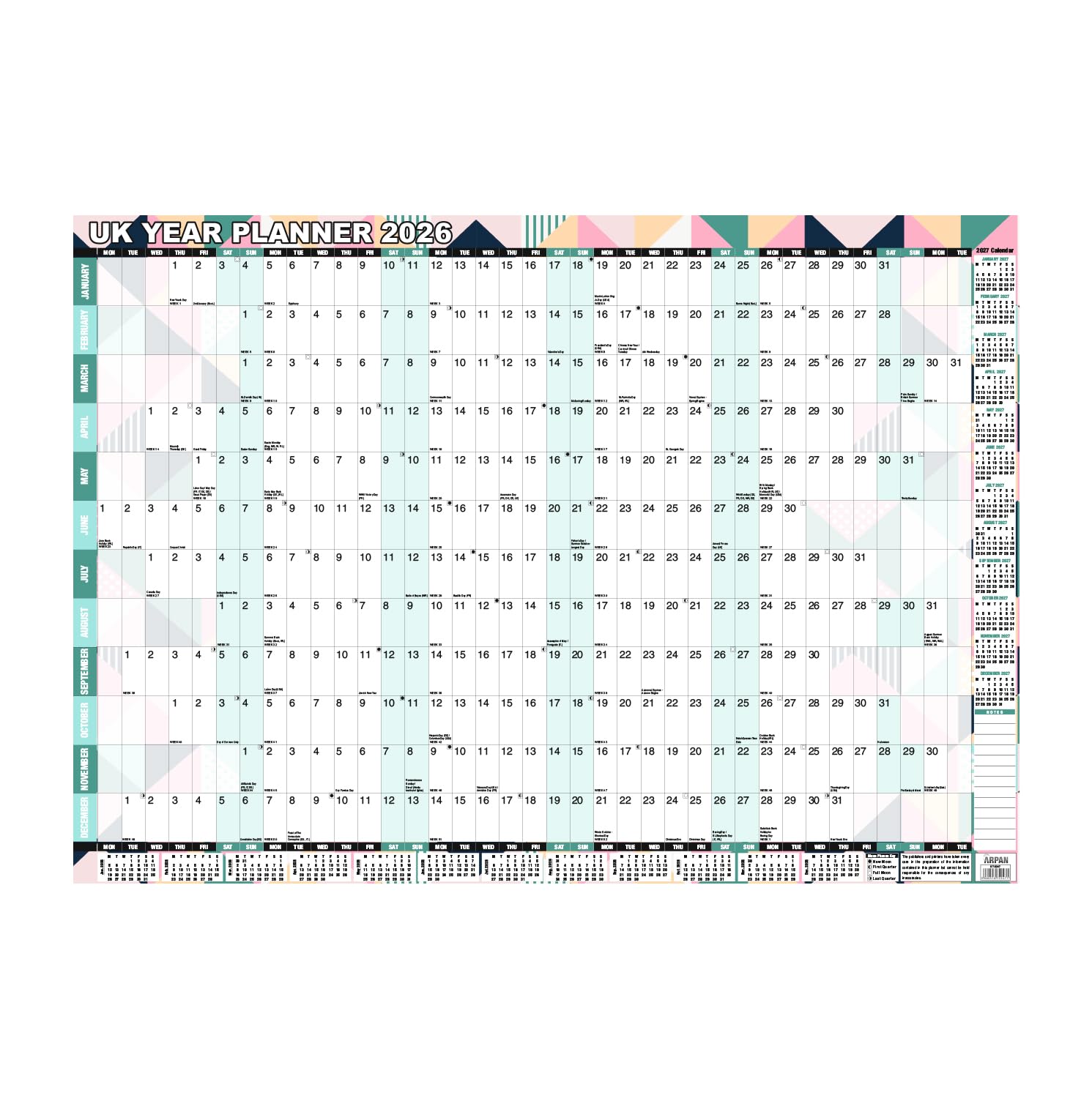 2026 Year Wall Planner – Large A1 Yearly Wall Calendar | Laminated Planner for Office, Home, School & Classroom | Landscape Annual Planner with Holidays & Notes Section