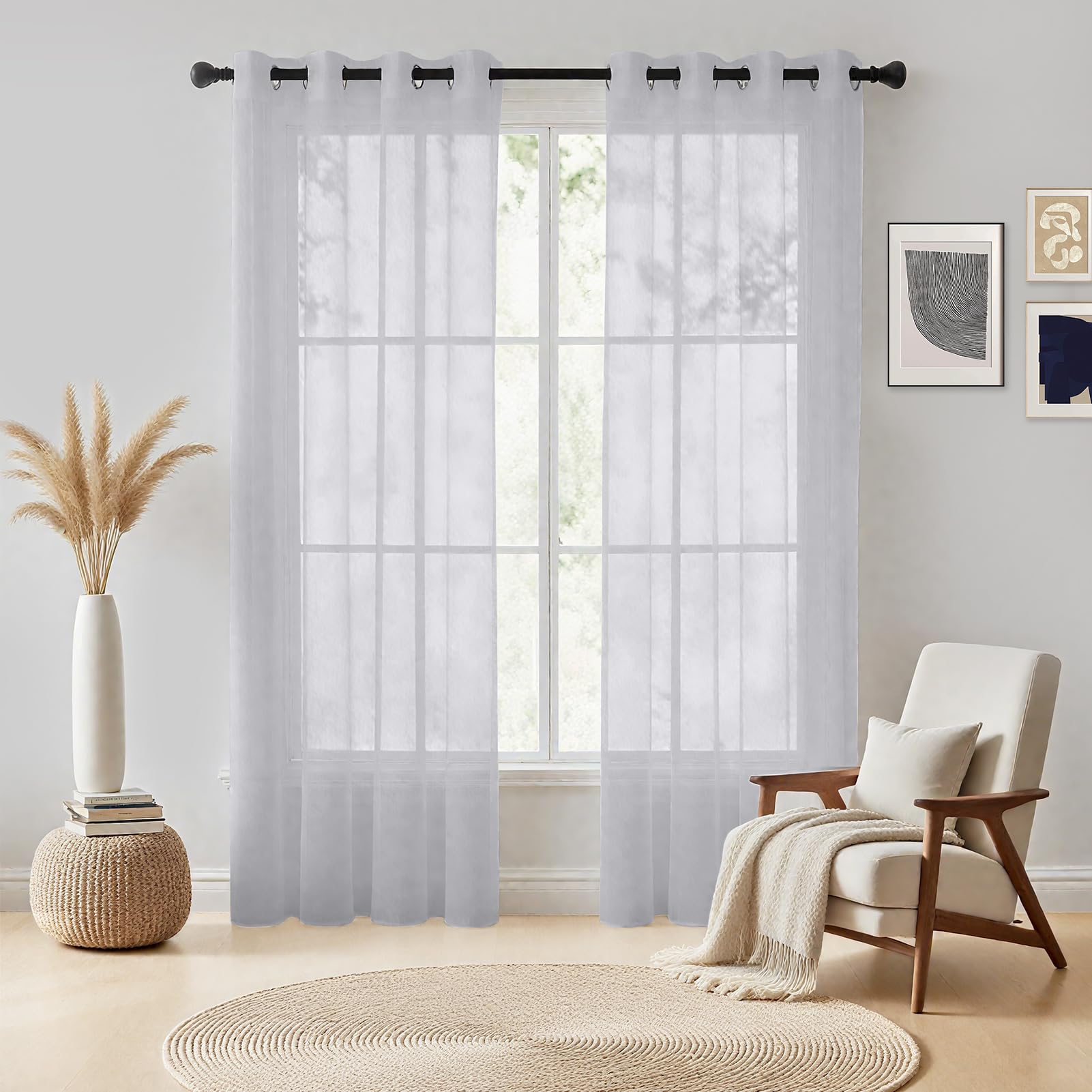 NAKIHOUSE Voile Curtain 84 Drop 2 Panels Net Curtains for Windows Eyelet Top Sheer Curtains for Kitchen Living Room Bedroom Window Treatment, Silver Voiles, 52" x 84"