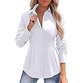 siliteelon Button Down Shirts for Women Cinched Waist Dress Shirt Cotton Long Sleeve Business Casual Work Office Blouse