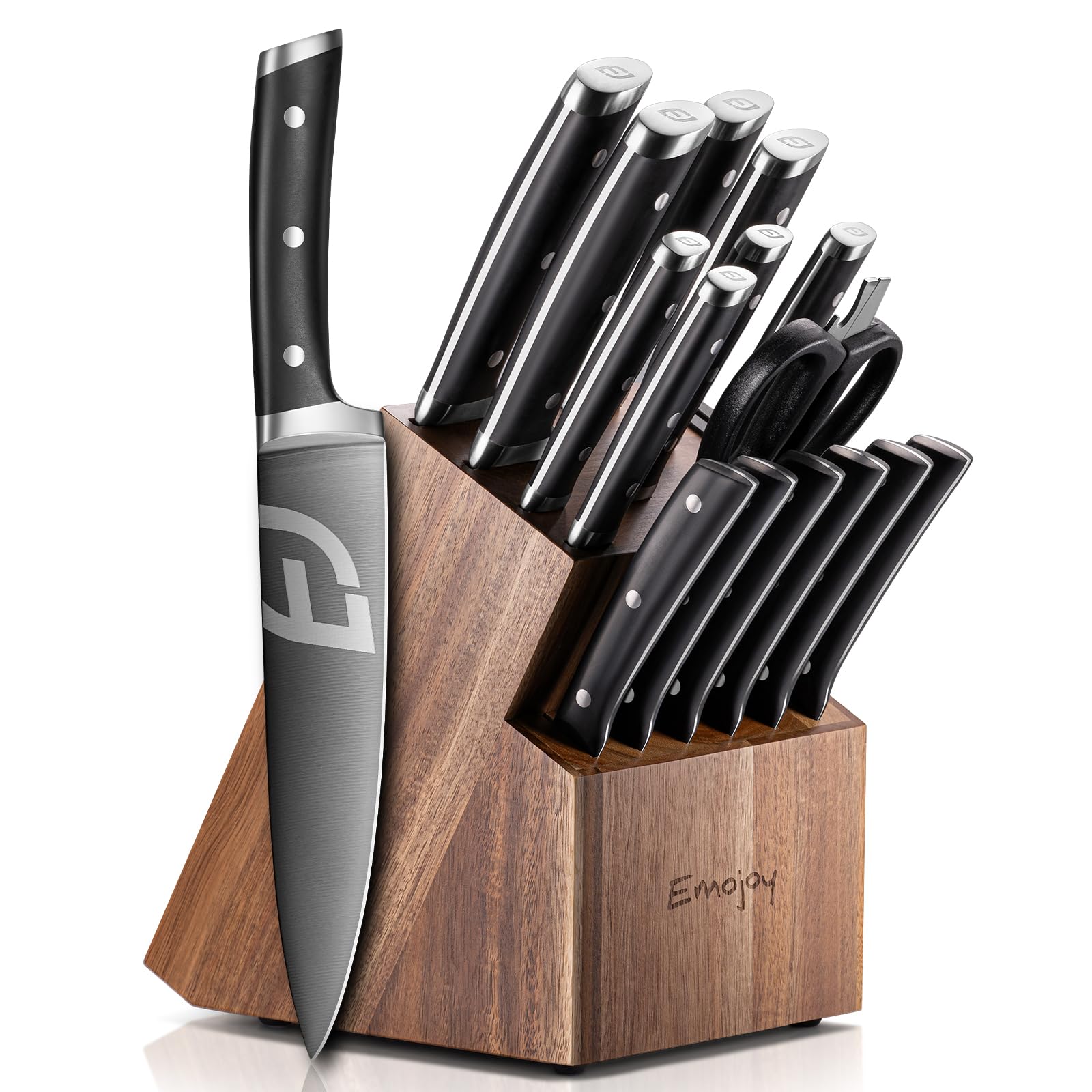 Emojoy Knife Set, Kitchen Knife Set with Block – 17 PCS German Titanium Steel Knives with Heavy-Duty Acacia Wood Block and Built-in Sharpener for Home Cooking, Dishwasher Safe Image