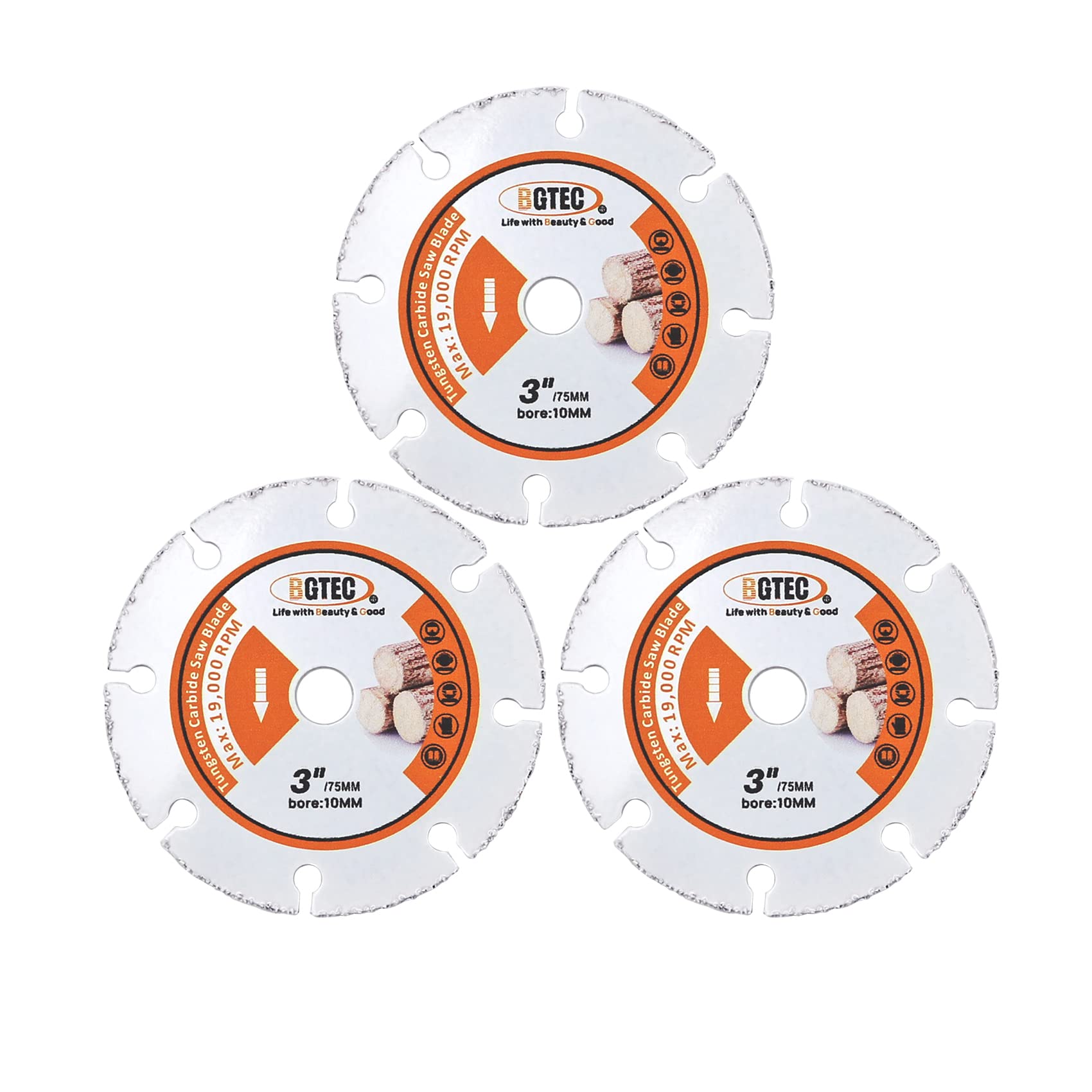 BGTEC Carbide Wood Cutting Disc, 3pcs 75MM Vacuum Brazed Carbide Cut-off Wheel Blade for Wood Board, Gypsum Board, Rubber Pipe, Plastic