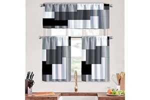 MCALK Dark Grey Thin Kitchen Curtains Tiers and Valances Set 3 Piece for Windows Grey and Black Kitchen Window Curtains Set,White Modern Abstract Art Valances for Living Room(36" Tiers Set)