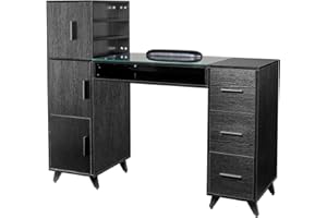 OmySalon Manicure Table Nail Desk for Nail Tech w/Glass Top & Wrist Rest, Beauty Salon Nail Supplies Decor Workstation Acetone Resistant w/3 Side Cabinet+3 Drawers+3 Layers Open Cabinet+1 Open Drawer