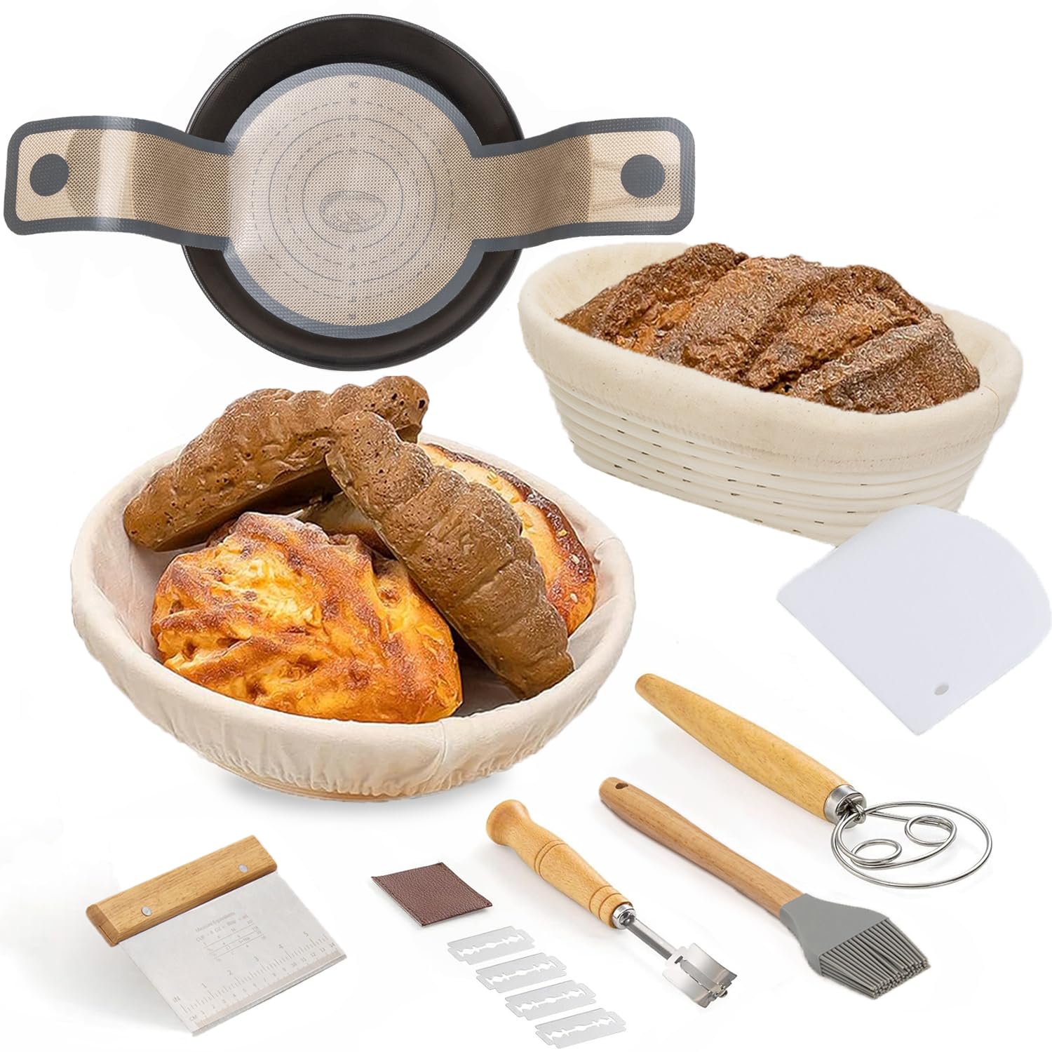Photo 1 of Banneton Bread Proofing Basket Set, 10 Inch Oval & 9 Inch Round Sourdough Bread Baking Supplies with Linen Liner, Bread Lame, Silicone Bread Sling, Bread Making Supplies Tools, Dough Scraper Kit