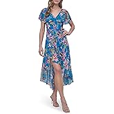 DKNY Womens Short Flutter Sleeve V-Neck High Low Hem Ruffle Dress