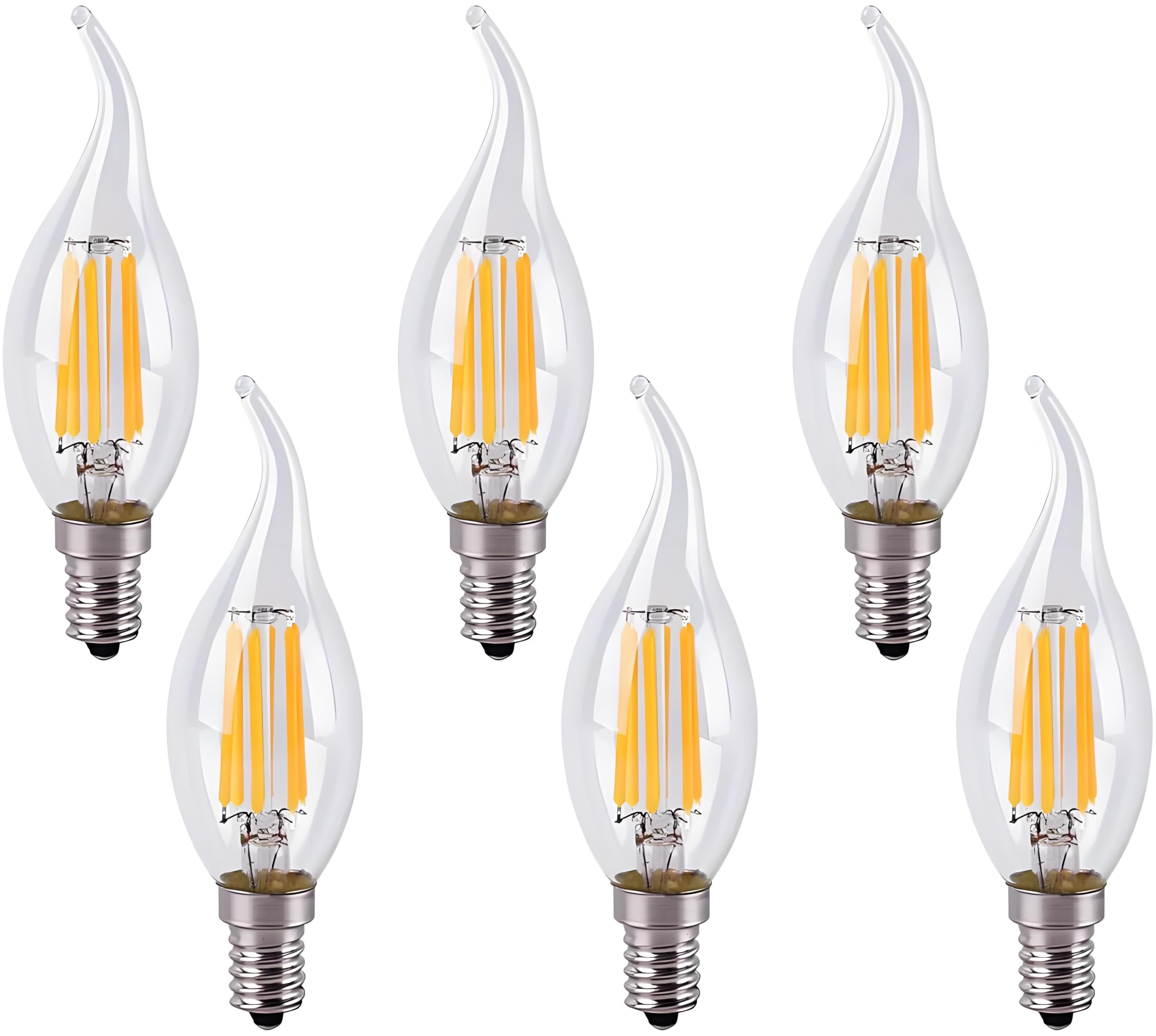 Jiotouhu 6 Pack E14 Flame Tip LED Filament Candle Light Bulb, 6W 600 LM - 60W Incandescent Bulbs Equivalent - Small Edison Screw Clear Candle Bulb, Dimmable, 2700K Warm White