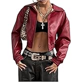 BEAUDRM Women's Y2K Faux PU Leather Jacket Crop Zip Up Motorcycle Coat Long Sleeve Drop Shoulder Motor Bike Jacket Streetwear