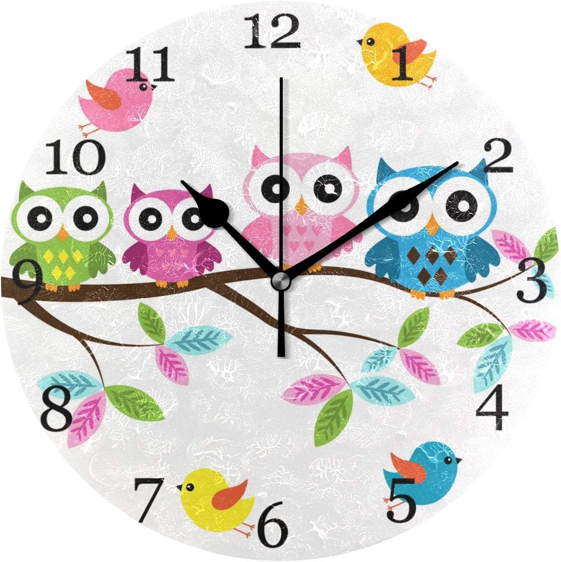 Cute Owl Wall Clock Silent Non-Ticking, Bird Tree 9.5 Inch Round Wall Clock Battery Operated Owl Clock Decor for Kids Room Home Wall Bathroom Kitchen Bedroom Living Room Office Classroom Patio