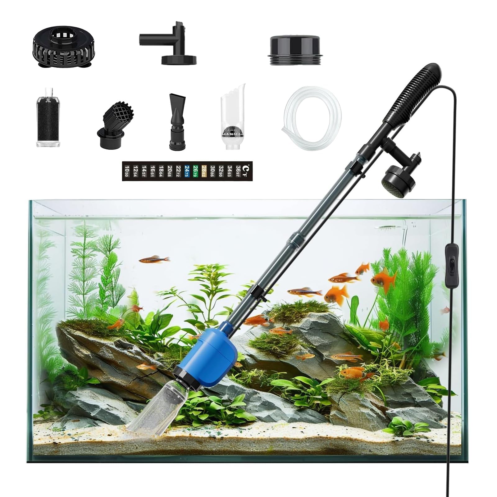 Photo 1 of 6-in-1 Electric Aquarium Gravel Cleaner – 530GPH Powerful Fish Tank Vacuum with Sand Washer, Water Changer & Debris Remover, Quiet 32W Pump, Adjustable Telescopic Pole (Blue) (Blue)