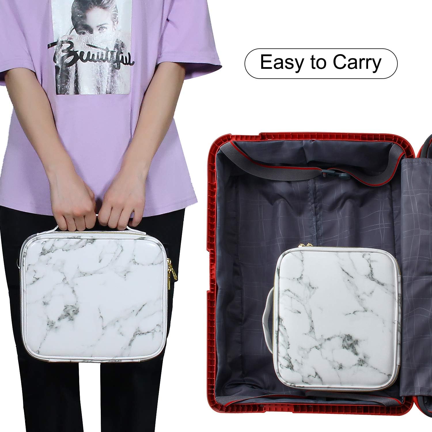 Marble Makeup Bags,Portable Makeup Organizer Bag Travel Case Professional Jewelry Storage Organizer with with Adjustable Dividers for Cosmetics Makeup Brush (Small)