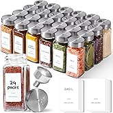 ComSaf Spice Jars with Shaker lids Adjustable, 4oz 24PCS，45 Labels, Comdiment Jars Set, Empty Spice Containers and Square Ingredient Bottles for Kitchen and Seasoning, Bulk Salt and Pepper Shaker Set