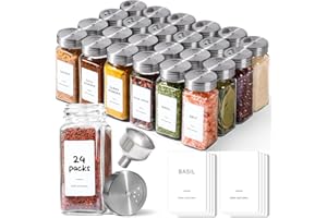ComSaf 24 Pcs Glass Spice Jars Set with 3-in-1 Shaker Lids, 4oz Square Spice Containers for Drawer and Pantry Organization, I