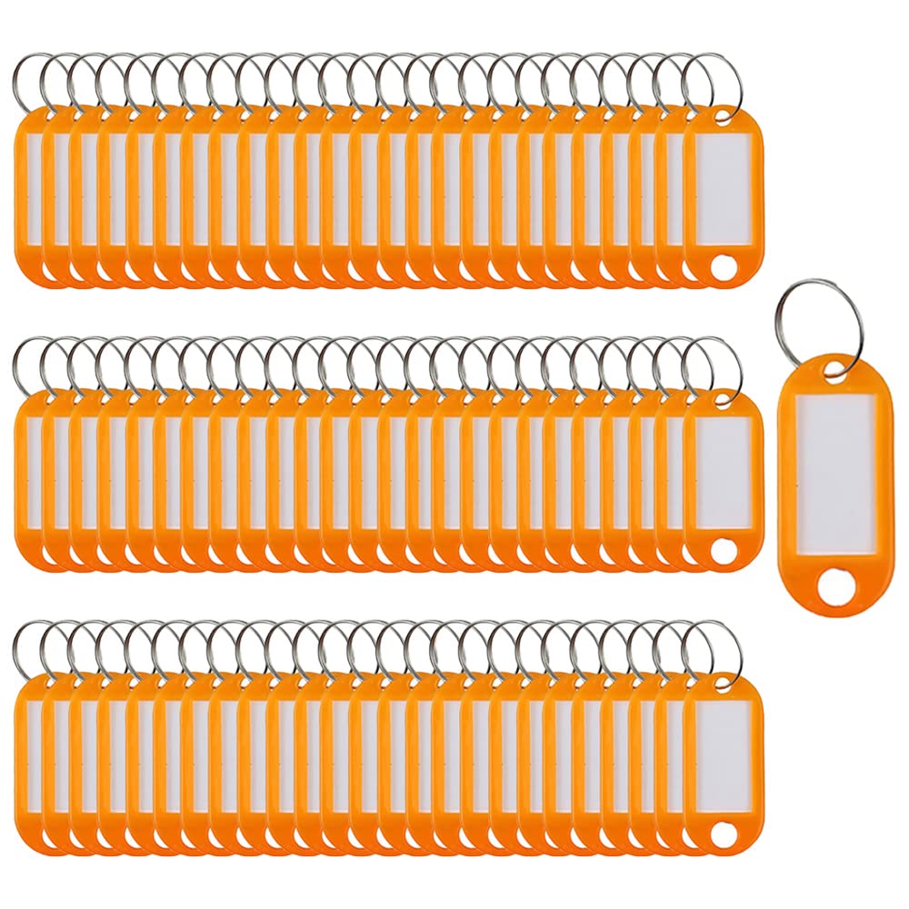 Key Fobs 100 Pieces with Split Ring Keyring - Orange Plastic Key Rings and Name Tags for Luggage ID Labels