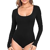 Roselux Womens Scoop Neck Long Sleeve Ribbed Knit Bodysuits Stretchy Basic T Shirt Body Suit Tops