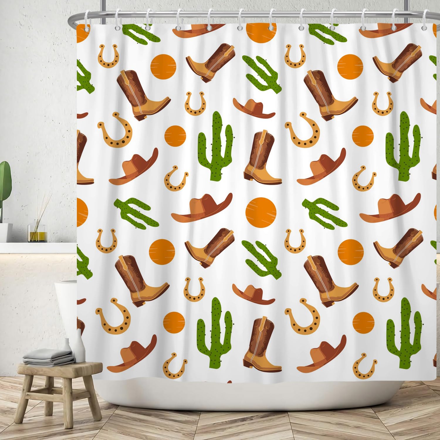 ASDCXZ Shower Curtain 180x180 cm, West Cowboy Leather Boots Hat Green Cactus Orange Sun White Bath Washable Shower Curtains Polyester Textile Waterproof Bath Curtain for Bathtub with 12 Hooks