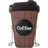 QHMCEXG Women's Small Brown Unique Trendy Fun Coffee Cup Shaped Vegan Leather Crossbody Purse Bag with Gold Chain