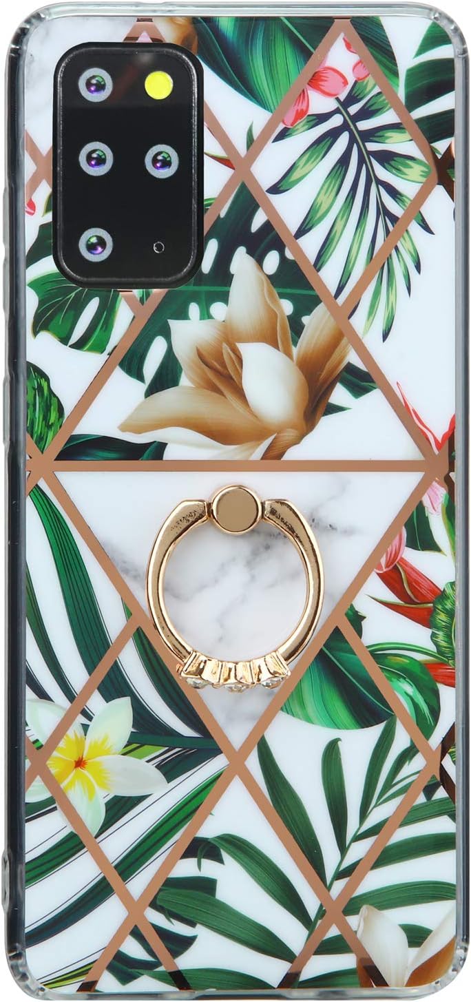 FUJICAR Galaxy S20 Plus Case for Girls Women,Green Floral Marble Design Glossy Slim Fit Shock Proof Soft TPU Full Body Protective Cover Case with 360 Degree Rotating Ring for Samsung Galaxy S20 Plus