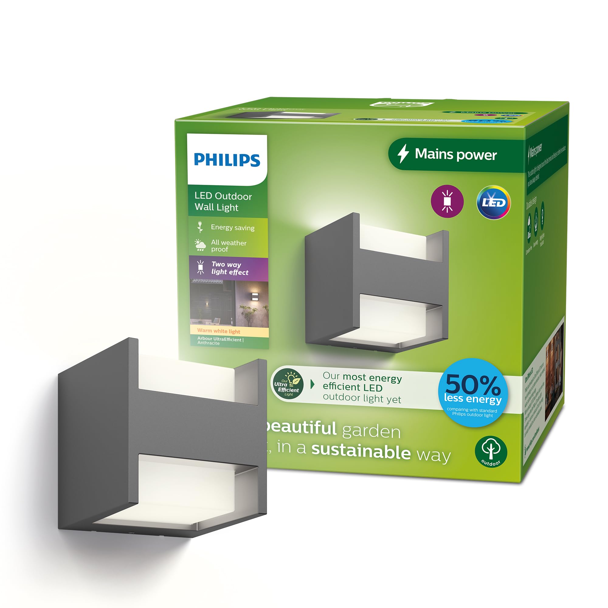 Philips Lighting Arbour UltraEfficient Outdoor up/Down wall Light, 3.8W, 2700K, Antracite, IP44 Weatherproof