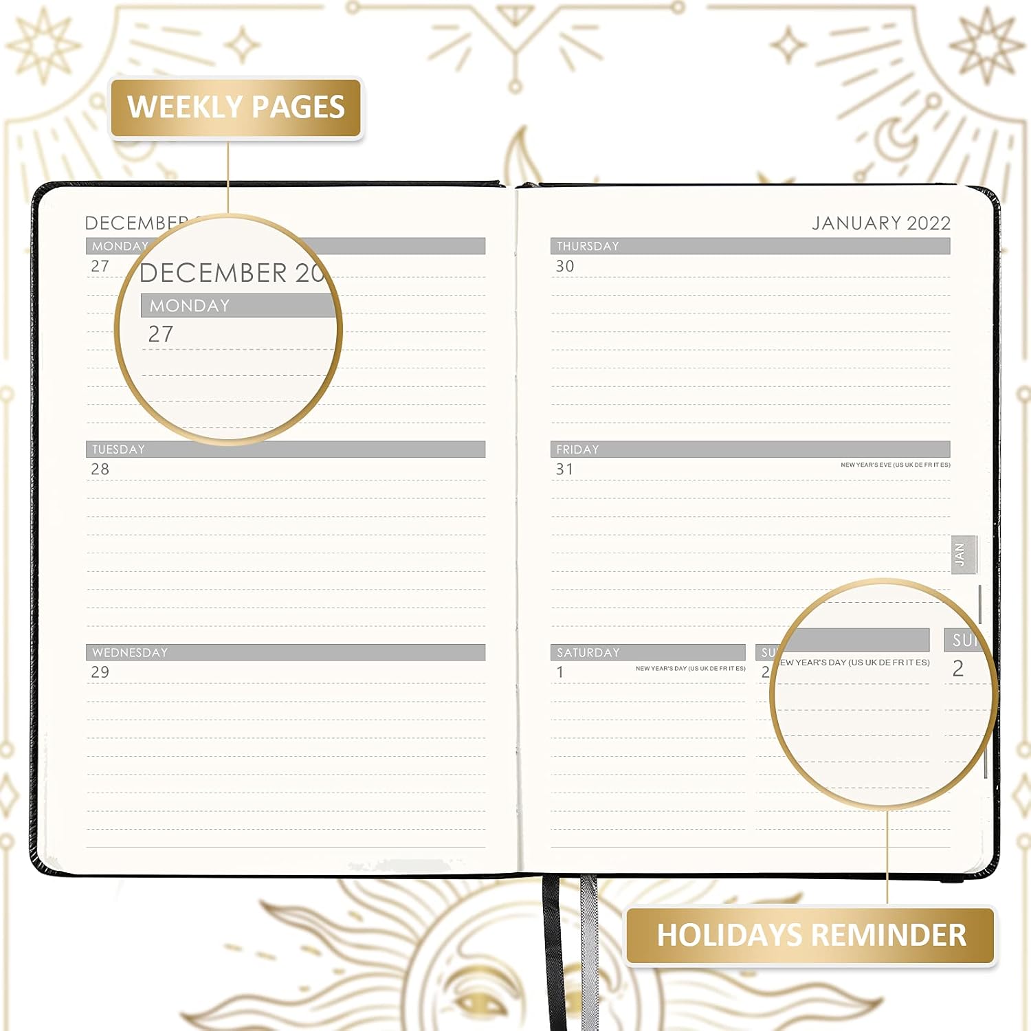 2021-2022 Planner - Academic Weekly Monthly Planner, 5.75" x 8.25", July 2021 - June 2022, Soft Faux Leather with Thick Paper, Pen Loop, Back Pocket with 88 Notes Pages - The Sun : Office Products