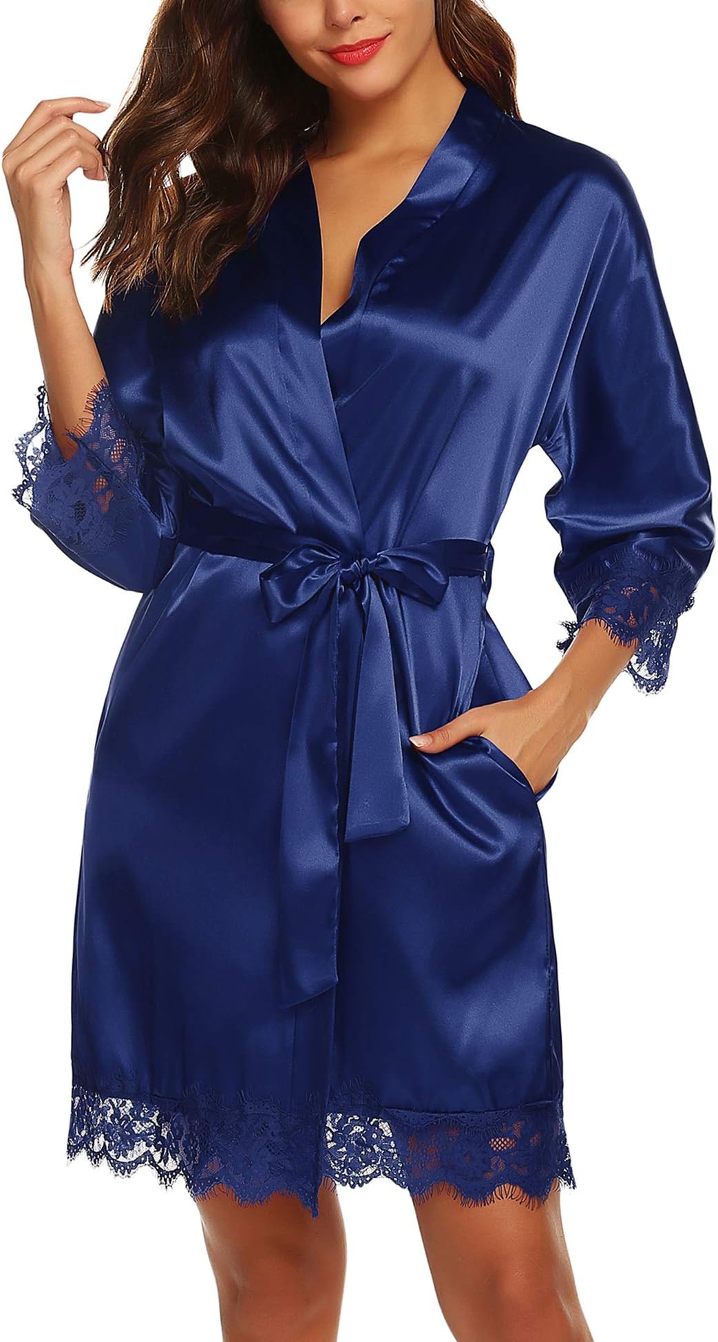 Women's Satin Silk Bathrobe Oblique V-Neck Short Kimono Robe Bridesmaids Robe