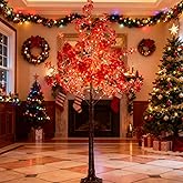 TYBEEU 6FT 5-Leaf Lucky Tree Christmas Tree with Warm White Lights - 300 LEDs Weatherproof Indoor/Outdoor Lighted Maple Tree, 16ft Extension Cord & Stakes, 4 Dimming Modes + Timer (Red)