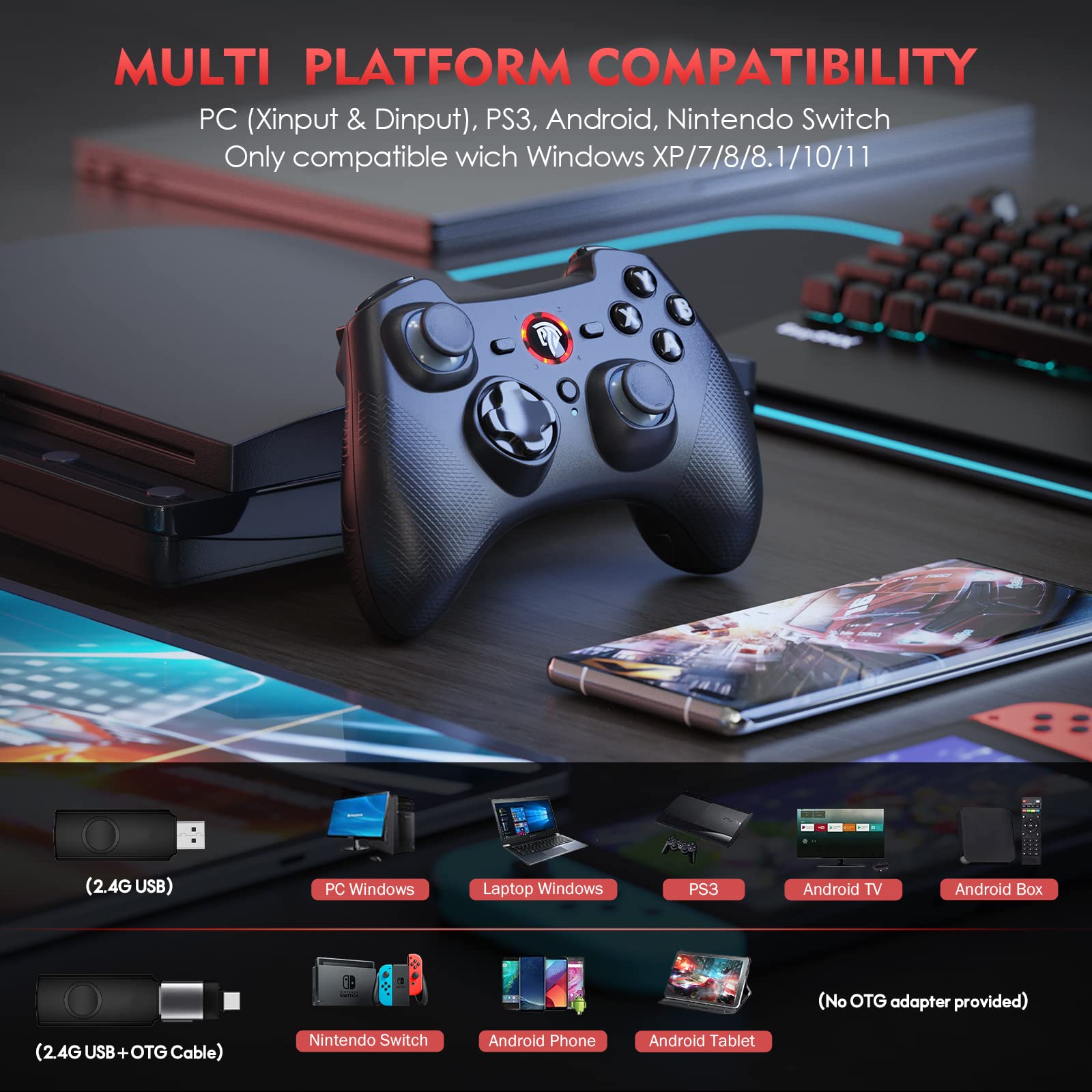 EasySMX Wireless Game Joystick Controller, 2.4G Wireless Gamepad Joystick PC, Dual Vibration, 14 Hours of Playing for PC/PS3/TV Box/Nintendo Switch (Black)