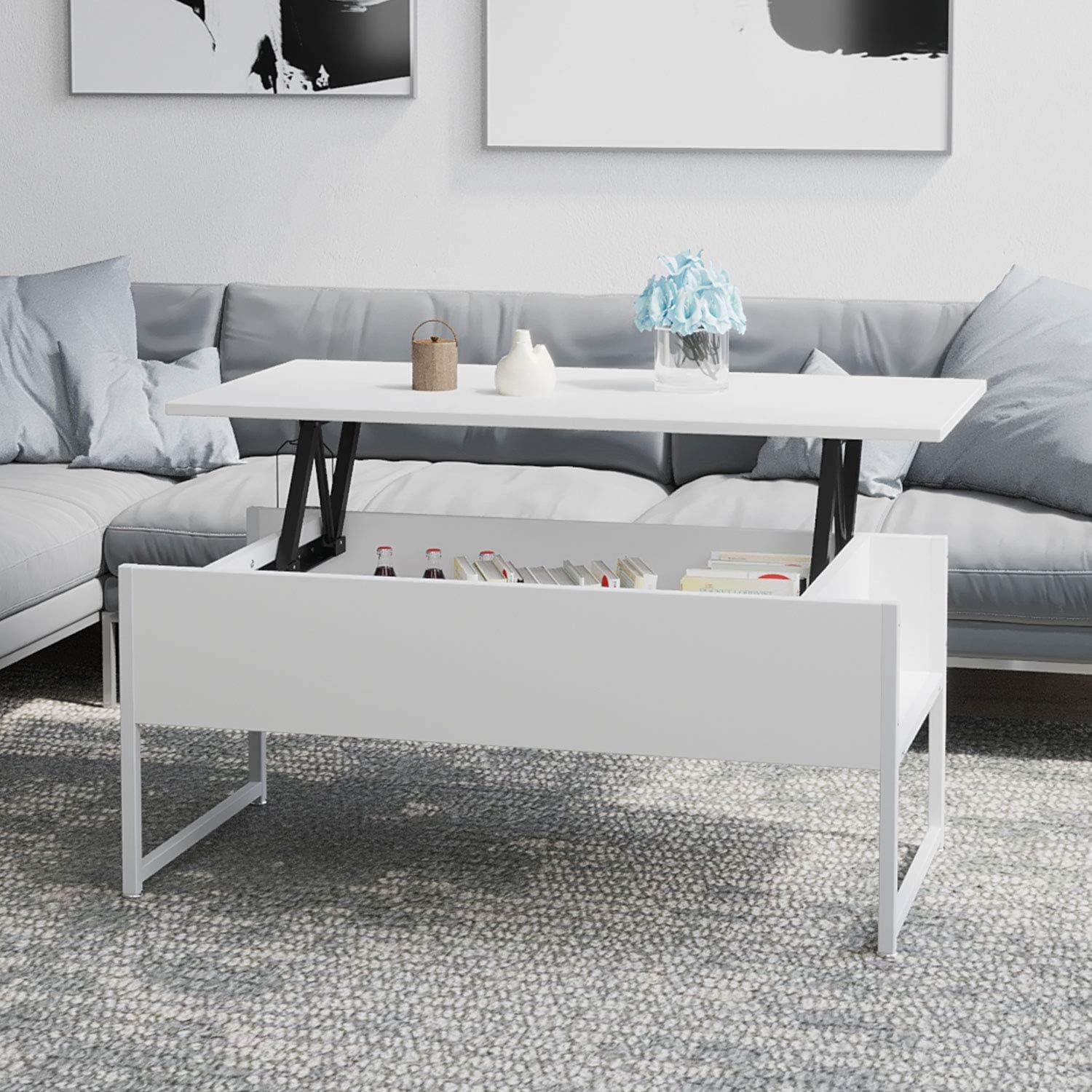 Beliwin Lift Up Top Coffee Table, Table Storage Furniture with Metal Frame for Home Office-White