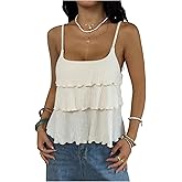 OYOANGLE Women's Layered Ruffle Cami Top Spaghetti Strap Lettuce Trim Flowy Summer Beach Camisole