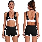 ABOCIW Womens 2 piece Workout Sets Deep V Neck Layered Sports Bra High Waist Mini Shorts with Pockets