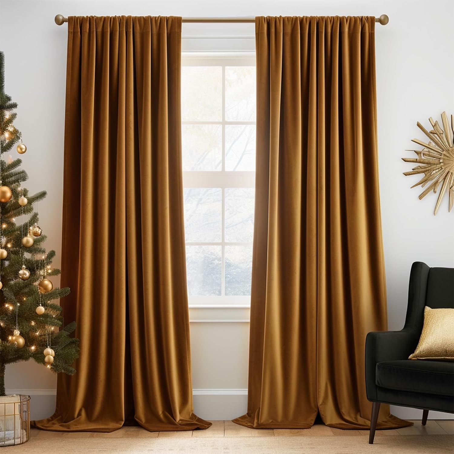 Window Treatments - Lazzzy Velvet Blackout Curtains Brown Thermal Insulated Curtains 84 Room Darkening Window Drapes Super Soft Luxury Curtains for Living Room Bedroom Rod Pocket 2 Panels 84 Inch Long Gold Brown