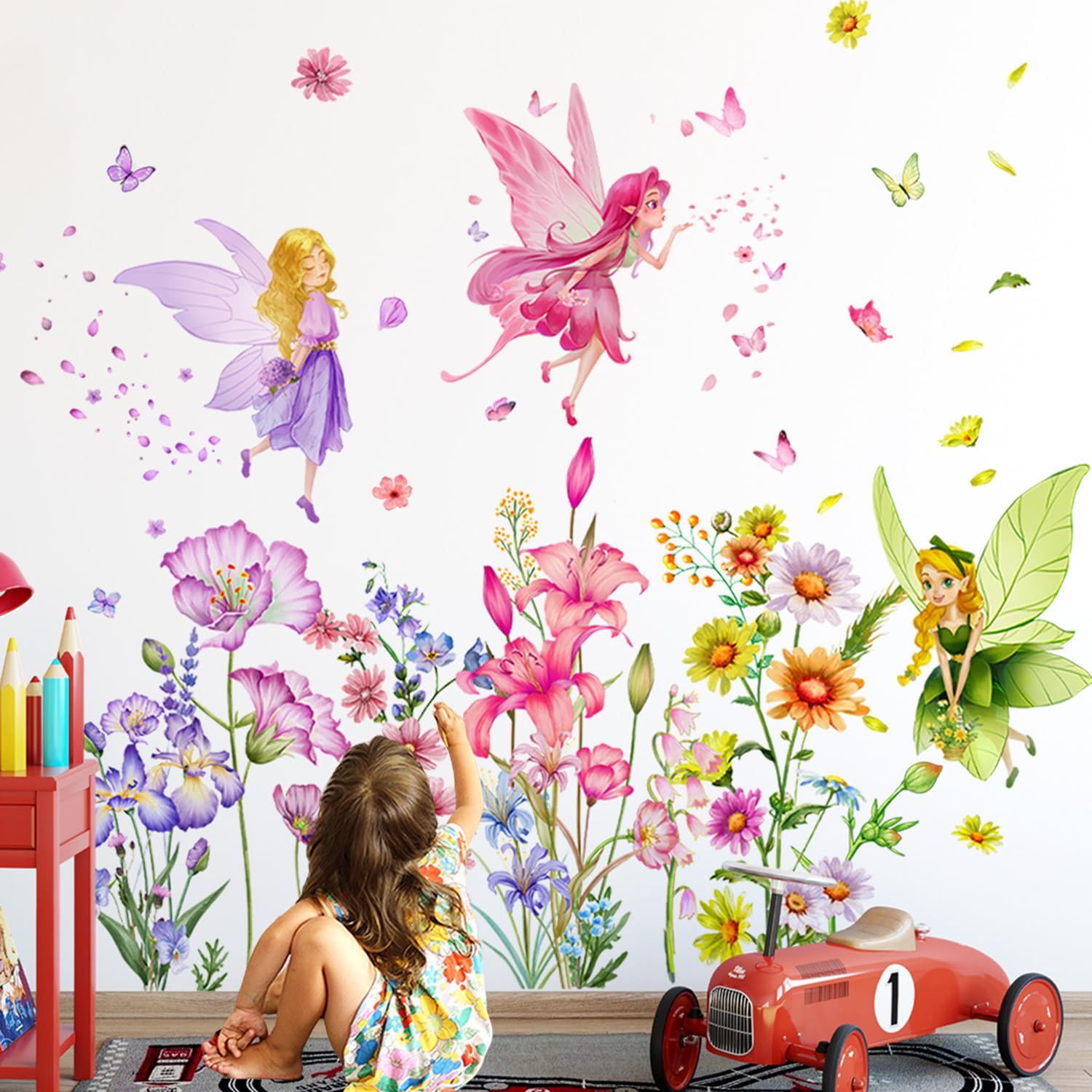 Fairy Wall Stickers for Girls Bedroom, Colorful Flower Fairy Wall Decals with Fairies, Butterflies & Blooms, Peel and Stick Wall Art for Nursery, Vinyl Stickers in Gift Box