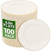 YOUBET 100 Pack Ivory Scalloped Plastic Plates - 6.5 Inch Gold Disposable Plates with Gold Rim - High End Elegant Vintage Dessert Salad Plate for Birthday Parties & Wedding
