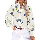 Tankaneo Womens Floral Ruffle Blouses Dressy Casual Long Puff Sleeve Boho Tops V Neck Button Down Shirts