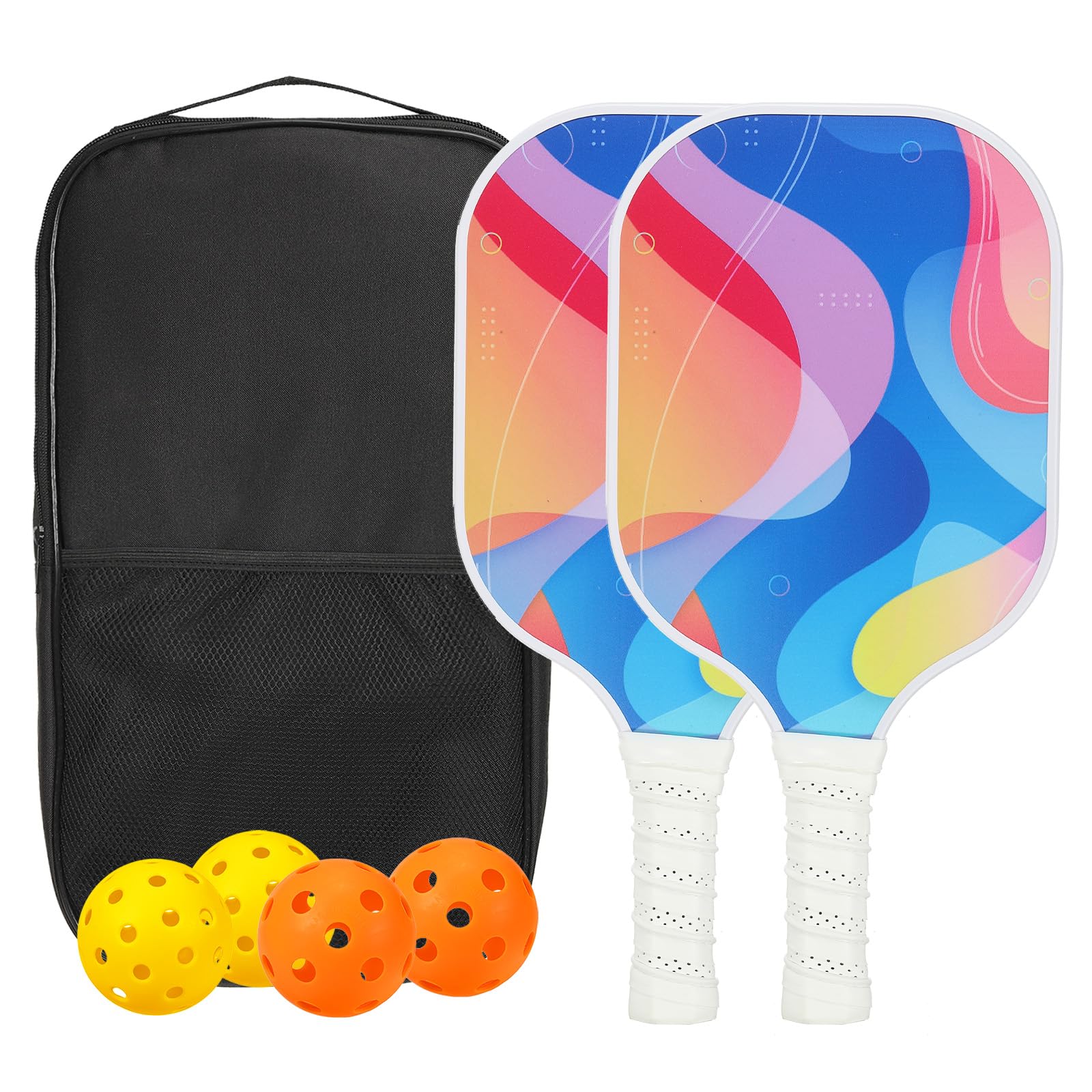 PATIKIL Pickleball Paddles Set, USAPA Approved Fiberglass Surface Pickleball Rackets with Overgrip, 2 Paddles, 4 Pickleballs,1 Carry Bag for Men Women, Blue Red Yellow Waves